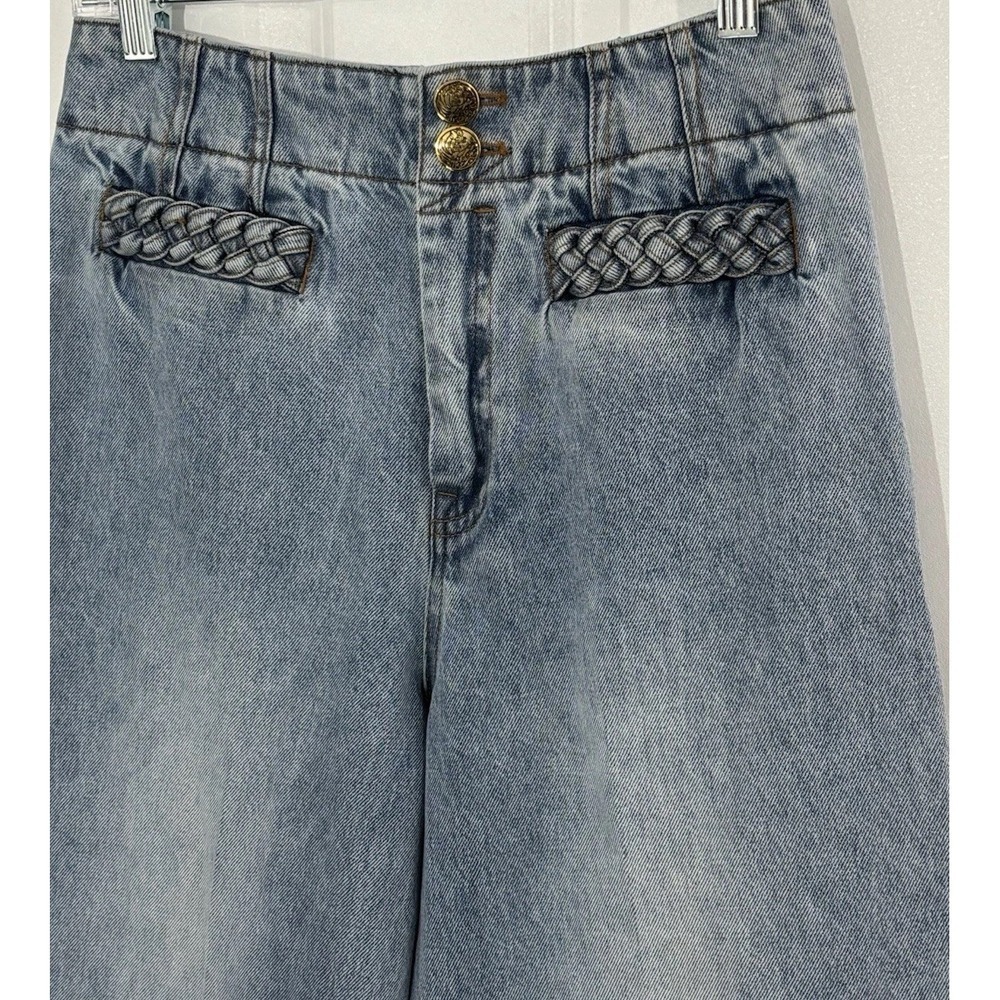 Zimmermann Size 1 Light Wash Wide Leg Jeans High Rise Braided Pocket Gold Button